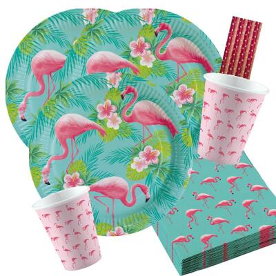 44-teiliges Party-Set Flamingo Paradise Teller Becher Servietten Trinkhalme für 8 Personen