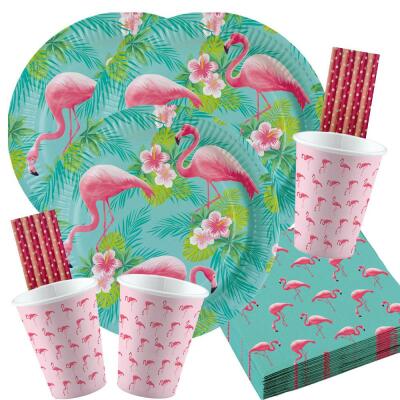 68-teiliges Party-Set Flamingo Paradise Teller Becher Servietten Trinkhalme für 16 Personen