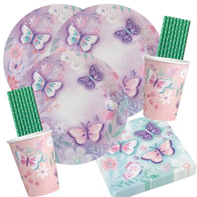 64-teiliges Party-Set Schmetterling - Flutter - Teller Becher Servietten Trinkhalme für 16 Kinder