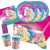 45-teiliges Party-Set Barbie Dreamtopia mit Einhorn - Teller Becher Servietten Tischdecke Trinkhalme  für 8 Kinder