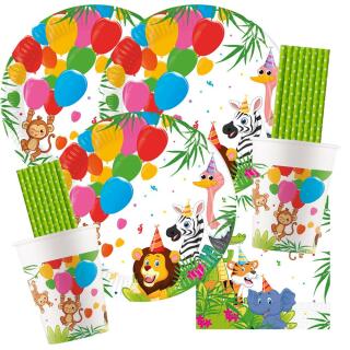 68-teiliges Party-Set Jungle Balloons Teller Becher Servietten Trinkhalme für 16 Kinder