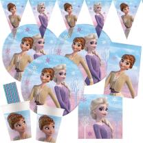 53-teiliges Party-Set Frozen 2 Wind Spirit - Teller Becher Servietten Wimpelkette Partytüten Papiertrinkhalme für 8 Kinder