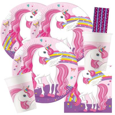 44-teiliges Party-Set Einhorn Rainbow Colors - Teller Becher Servietten Trinkhalme für 8 Kinder