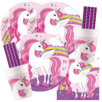 68-teiliges Party-Set Einhorn Rainbow Colors - Teller Becher Servietten Trinkhalme für 16 Kinder