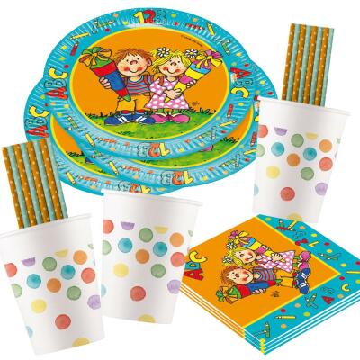 68- teiliges Party-Set Einschulung - Schulanfang - Teller, Becher, Servietten Trinkhalme für 16 Kinder