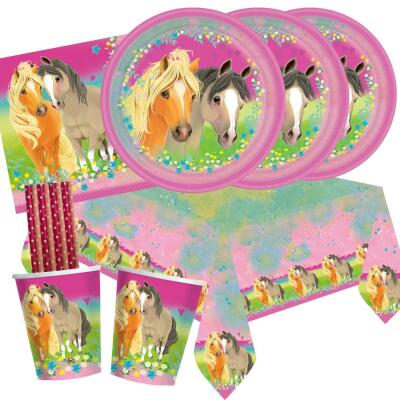 45-teiliges Party-Set Pferde - Pretty Pony - Teller Becher Servietten Tischdecke Trinkhalme für 8 Kinder