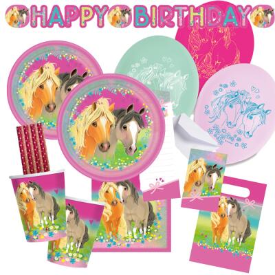 67-teiliges Party-Set Pferde - Pretty Pony - Teller Becher Servietten Ballons Einladungen Tüten Girlande Trinkhalme für 8 Kinder