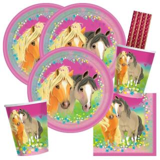 67-teiliges Party-Set Pferde - Pretty Pony - Teller Becher Servietten Ballons Einladungen Tüten Girlande Trinkhalme für 8 Kinder