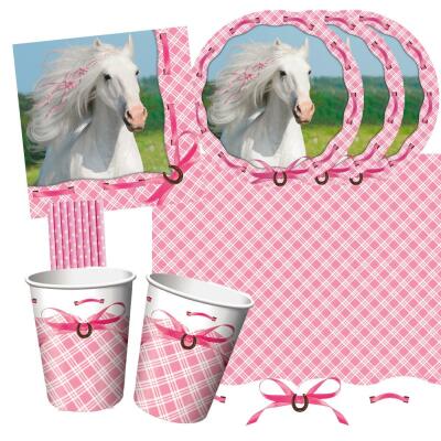 41-teiliges Party-Set Pferde - Weisses Pferd - Teller klein Becher Servietten Tischdecke Trinkhalme für 8 Kinder