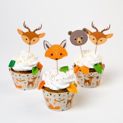 Cupcakebanderolen und Picker Waldtiere - Fuchs, Bär, Reh, 6 Stück