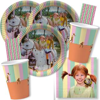 68-teiliges Party-Set - Pippi Langstrumpf - Teller Becher Servietten Trinkhalme für 16 Kinder