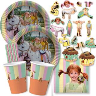 67-teiliges Party-Set - Pippi Langstrumpf - Teller Becher Servietten XXL-Konfetti Muffin-Banderolen Picker Trinkhalme  für 8 Kinder