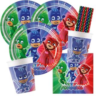44-teiliges Party-Set PJ Mask Pyjamahelden - Teller Becher Servietten Trinkhalme für 8 Kinder
