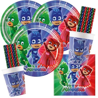 68-teiliges Party-Set PJ Mask Pyjamahelden - Teller Becher Servietten Trinkhalme für 16 Kinder