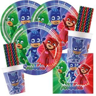 68-teiliges Party-Set PJ Mask Pyjamahelden - Teller Becher Servietten Trinkhalme für 16 Kinder