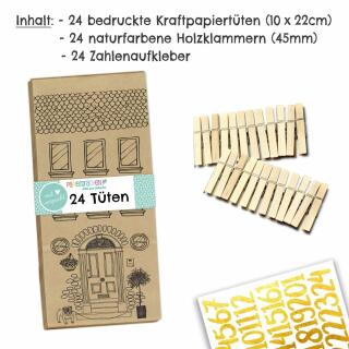 DIY Adventskalender - Häuser zum Ausmalen - braune Kraftpapiertüten