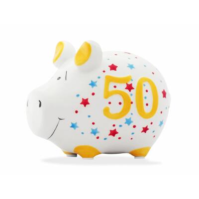 Sparschwein - 50  Birthday weiß mit Sternen -  ca. 12 cm x 9 cm