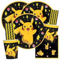 64-teiliges Party-Set - Pokemon Pikachu + Papiertrinkhalme schwarz/gelb für 16 Kinder