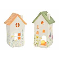 Windlicht Haus Keramik mit Blumendecor