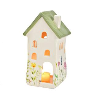 Windlicht Haus Keramik mit Blumendecor Haus grün 11 x 20 x 10 cm