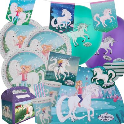 77-teiliges Party-Set - Sternenschweif Einhorn -Teller Becher Servietten Platzsets Wimpelkette Einladungen Luftballons Partyboxen Trinkhalme  für  8  Kinder