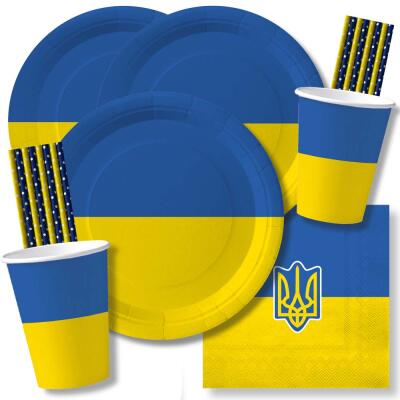 84-teiliges Party-Set Ukraine - Teller Becher Servietten Trinkhalme für 20 Personen