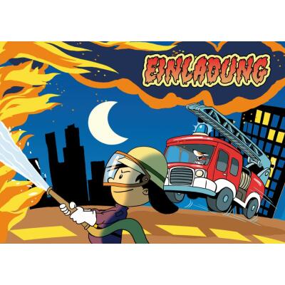 Einladungskarten Feuerwehr - Feuerwerhrmann Flo, 8 Stück