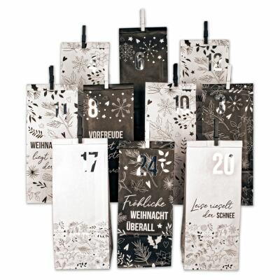 Adventskalender weiß schwarz - 24 bedruckte Geschenktüten (026)