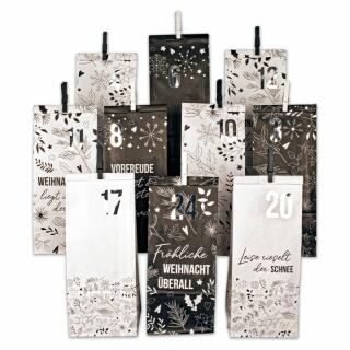 Adventskalender weiß schwarz - 24 bedruckte Geschenktüten (026)