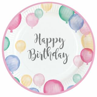 Pappteller Happy Birthday Pastell, 8 Stück