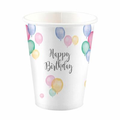 Pappbecher Happy Birthday Pastell, 8 Stück