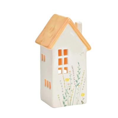 Windlicht Haus Keramik mit Blumendecor Haus apricot klein 8x16x7 cm