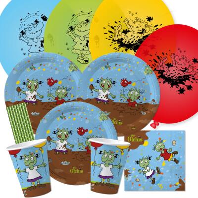 52-teiliges Party-Set - Die Olchis - Teller Becher Servietten Luftballons Trinkhalme für 8 Kinder