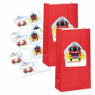 Feuerwehr Partytüten +  Namensaufkleber, 12 Stück