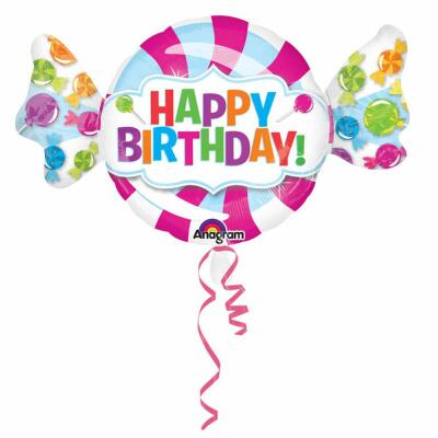 Folienballon SuperShape Happy Birthday Bonbon,  101 x 60 cm