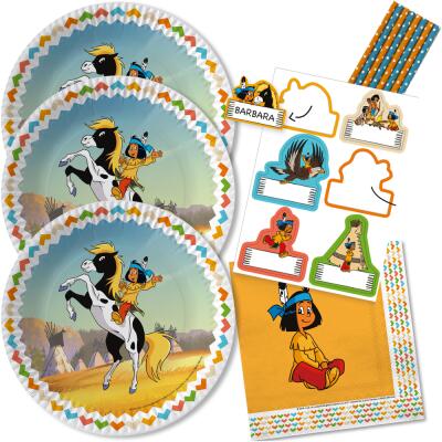 48-teiliges Party-Set - Indianer Yakari - Teller Namensaufkleber Servietten Trinkhalme  für 8 Kinder