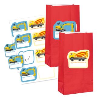 Baustelle Partytüten +  Namensaufkleber, 12 Stück