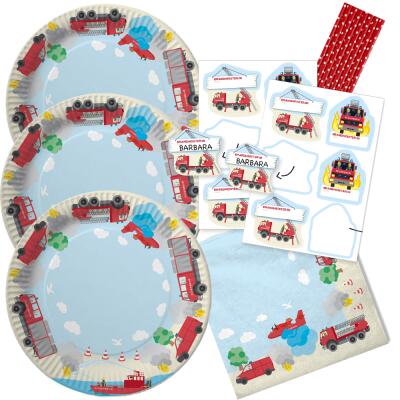 48-teiliges Party-Set - Feuerwehr - Teller Namensaufkleber Servietten Trinkhalme  für 8 Kinder