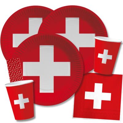 56-teiliges Party-Set Schweiz - Teller Becher Servietten Trinkhalme für 10 Personen