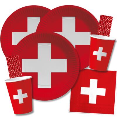 84-teiliges Party-Set Schweiz - Teller Becher Servietten Trinkhalme für 20 Personen