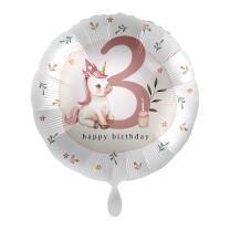 Folienballon Zahl 3 - Happy Birthday - Einhorn,  43 cm