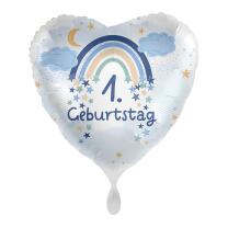 Folienballon Herz 1. Geburtstag - Regenbogen - blau,  43 cm