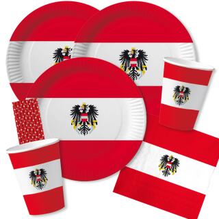 56-teiliges Party-Set Österreich - Teller Becher Servietten Trinkhalme für 10 Personen