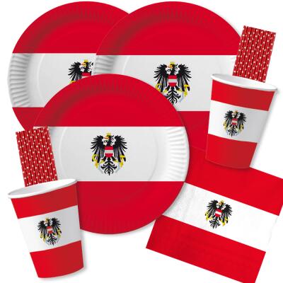 84-teiliges Party-Set Österreich - Teller Becher Servietten Trinkhalme für 20 Personen