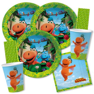 68-teiliges Party-Set - Der kleine Drache Kokosnuss - Teller Becher Servietten Trinkhalme für 8 Kinder