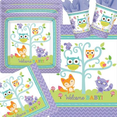 33-teiliges Party-Set Welcome Baby Waldtiere Eule Fuchs - Teller Becher Servi...