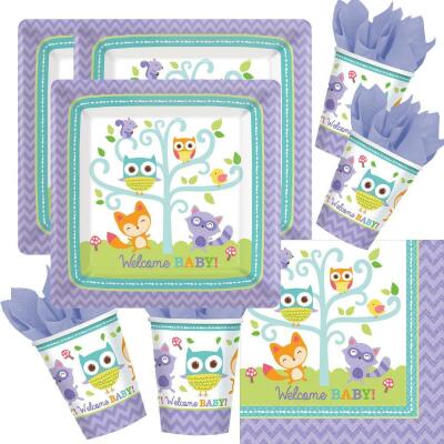 48-teiliges Party-Set Welcome Baby Waldtiere Eule Fuchs - Teller Becher Servi...