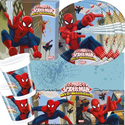 37-teiliges Party-Set Spiderman Web Warriors - Teller Becher Servietten Tischdecke für 8 Kinder