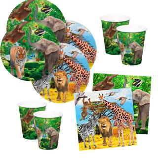 36-teiliges Party-Set (Folat) wilde Tiere - Safari  - Löwe, Zebra, Giraffe, Elefant - Teller Becher Servietten für 8 Kinder