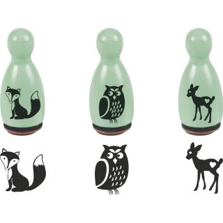 Stempel-Figuren - 3 Holz - Stempel mint - Waldtiere - Fuchs Eule Reh -    Motivgröße 1,2 cm